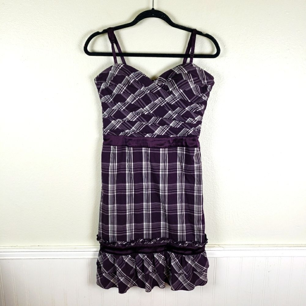 Women's Bebe Cute Chic Purple Plaid Midi Ruffled Button Dress Size 10/Medium